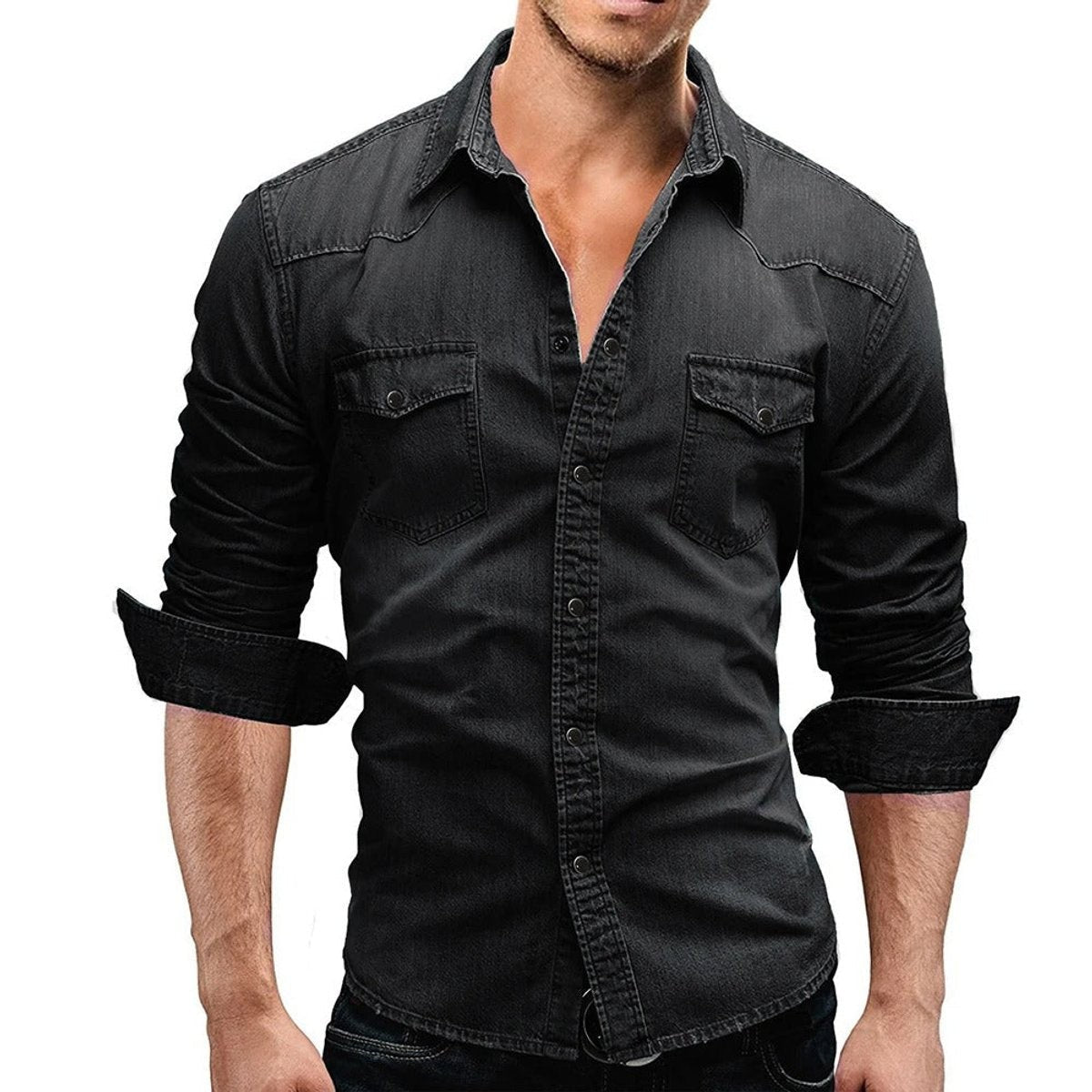 Black denim long-sleeve shirt featuring snap buttons and dual chest pockets