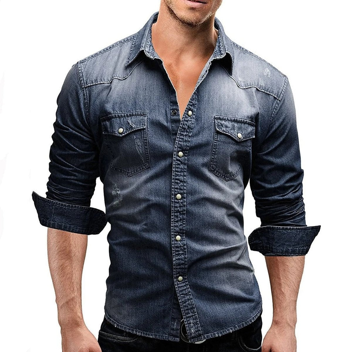 Faded blue-grey denim shirt with turned-up cuffs and stitched western yoke detailing