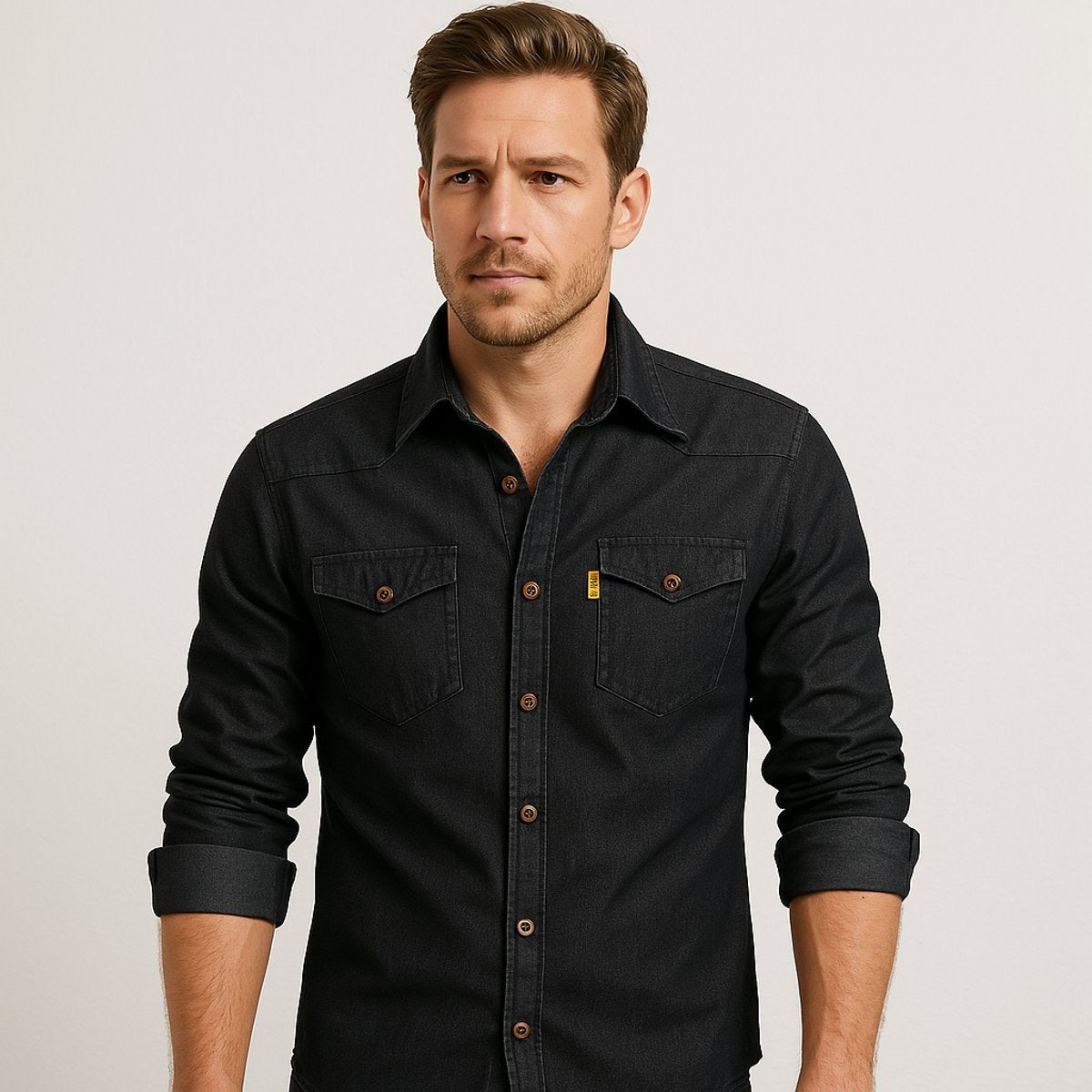 Man wearing black denim shirt with twin chest pockets and turned-up cuffs