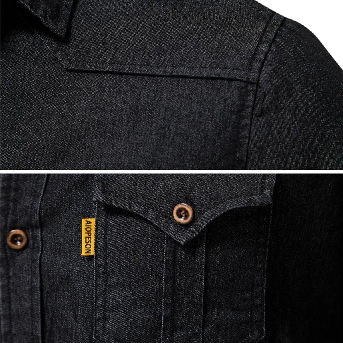 Close-up of black denim shirt shoulder yoke and flap pocket with brand tab