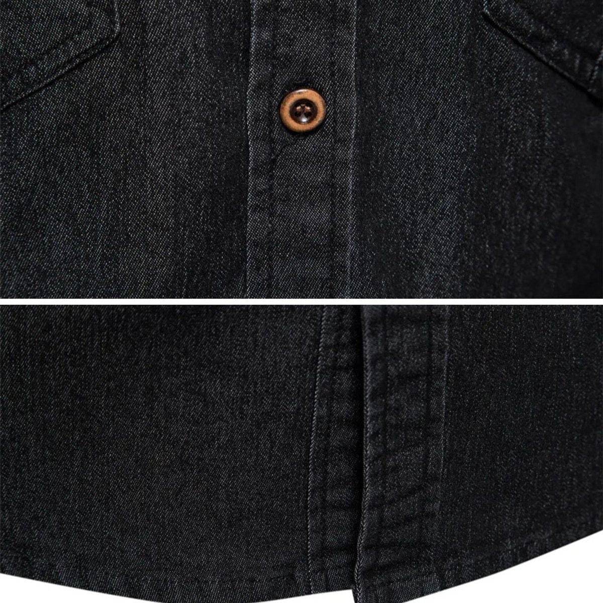 Close-up detail of black denim shirt button placket and hemline stitching