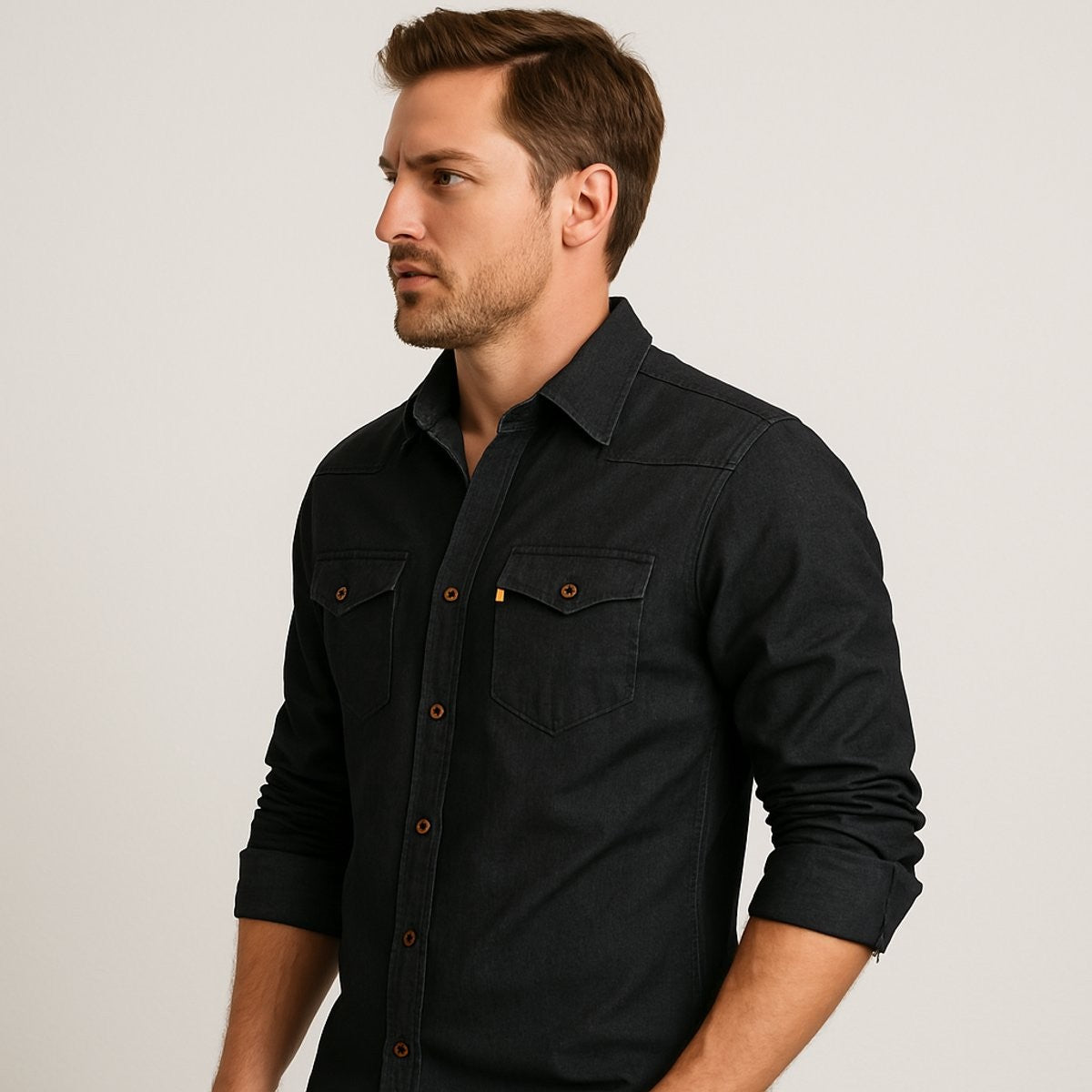 Side view of model in black denim shirt showing button-flap chest pocket