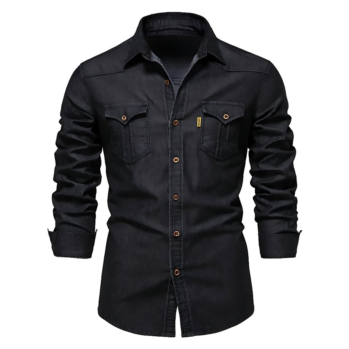Black denim shirt with contrast stitching and dual flap pockets, front view