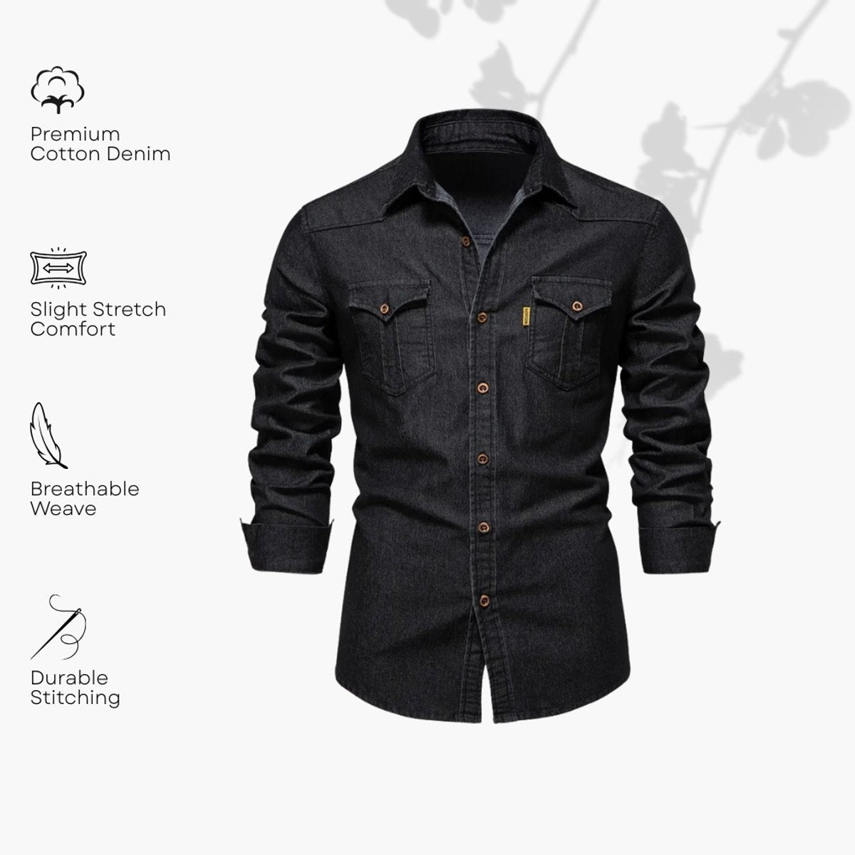 Black denim shirt flat lay highlighting premium cotton fabric and stitching details