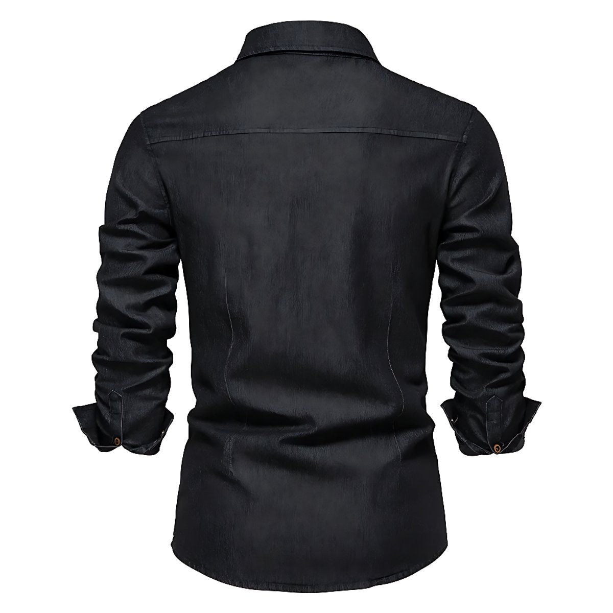 Black denim shirt shown from behind with rolled cuffs and curved hem