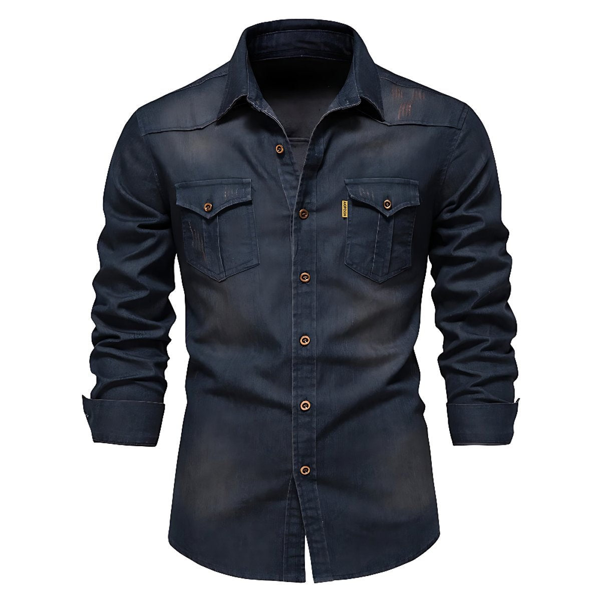 Faded navy denim shirt with twin flap pockets, front view on white background
