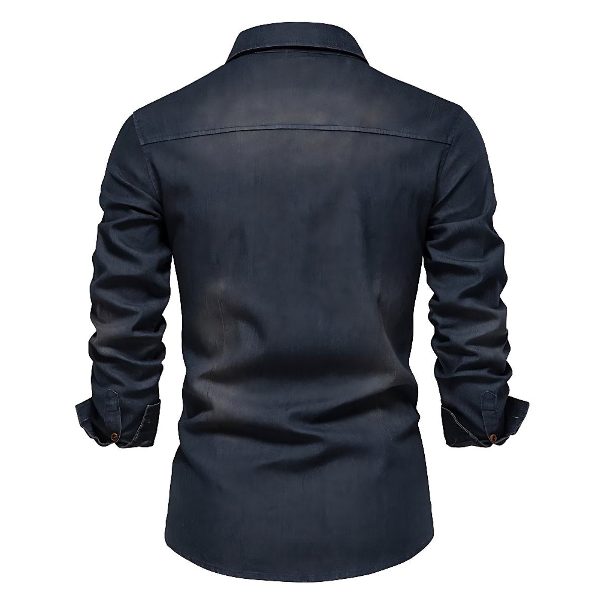 Faded navy denim shirt viewed from behind showing yoke and cuff detailing