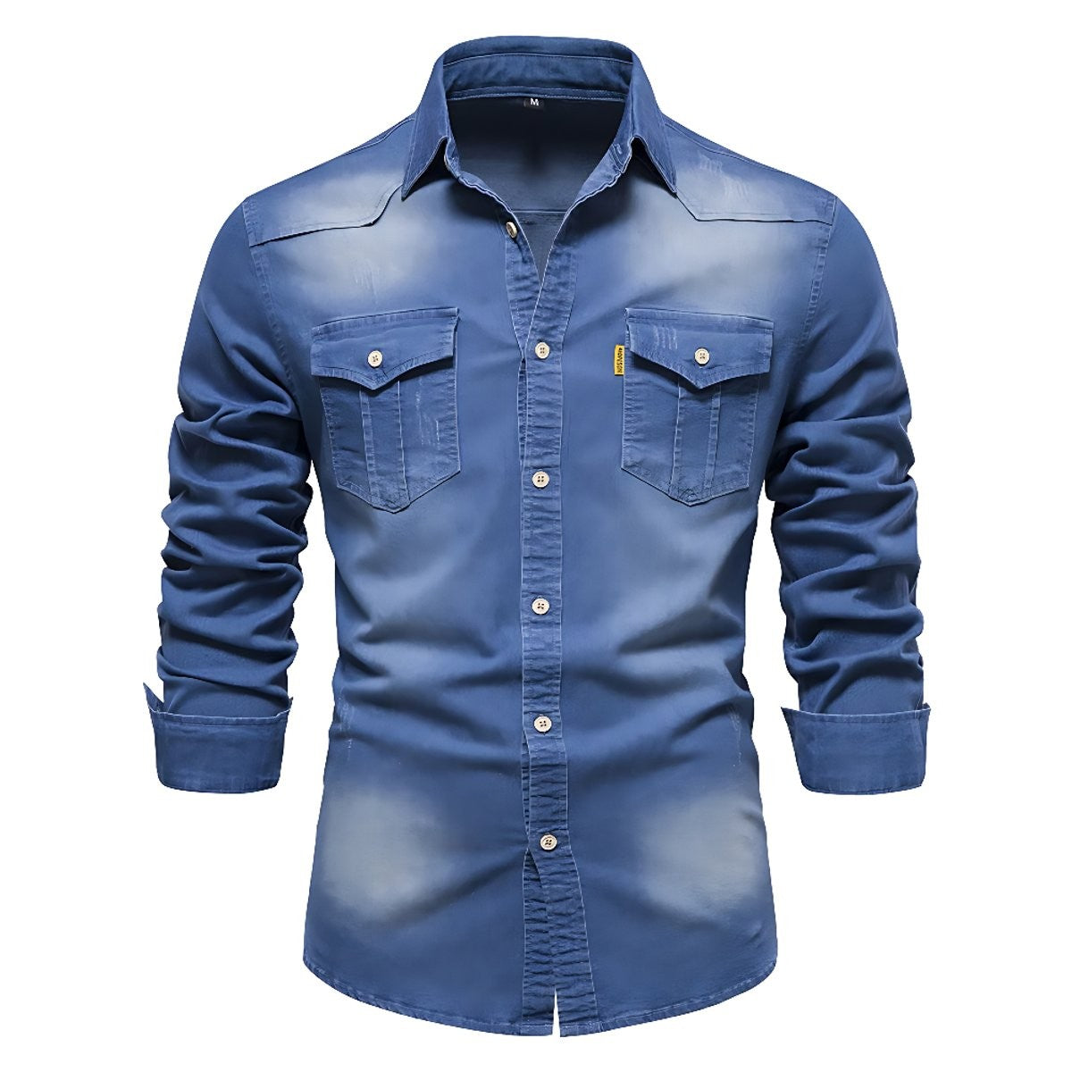 Blue washed denim shirt with button-down collar and chest pockets, front view