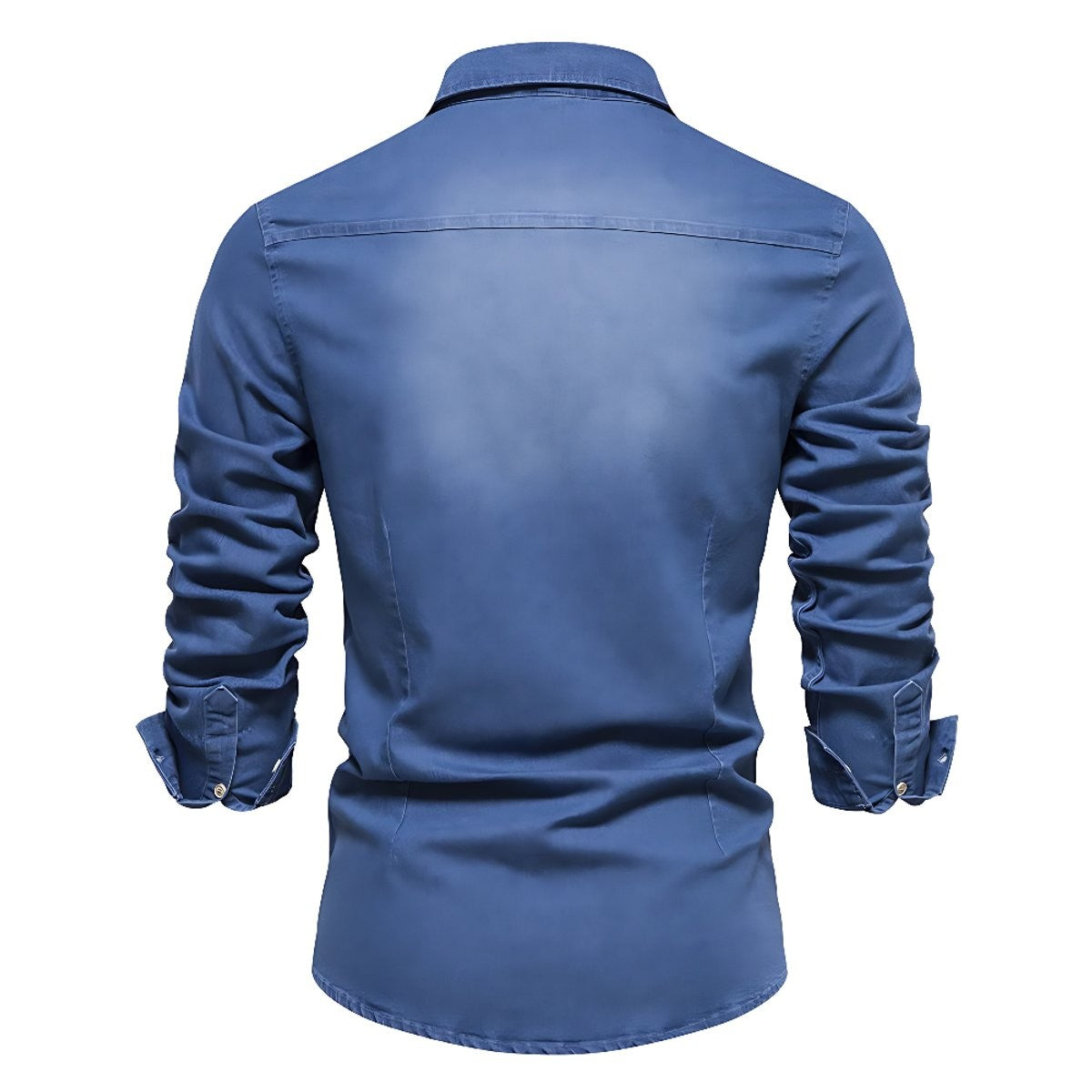 Blue washed denim shirt back view showing tonal fabric fade and cuffs