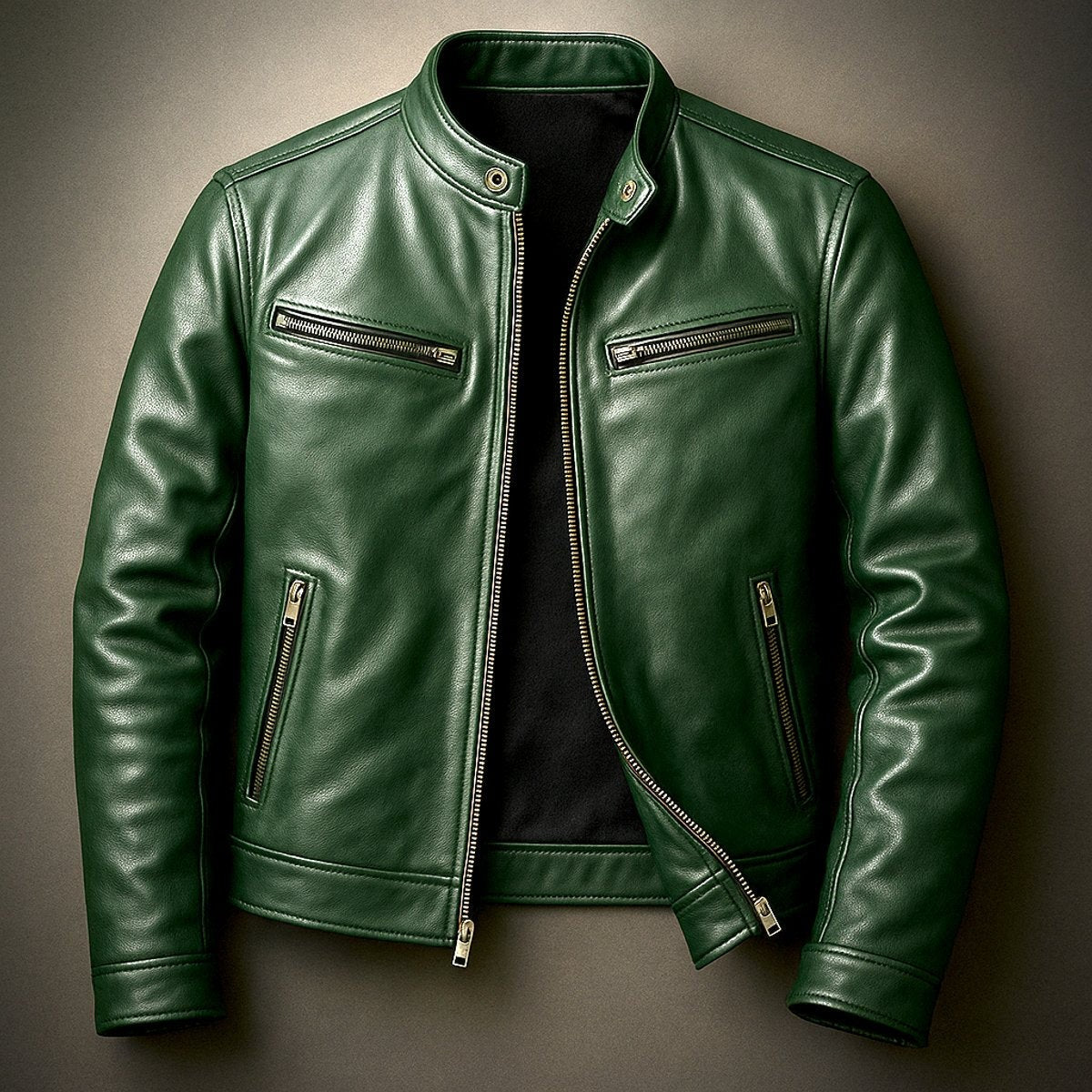 Green leather biker jacket with zip pockets and stand collar, laid flat