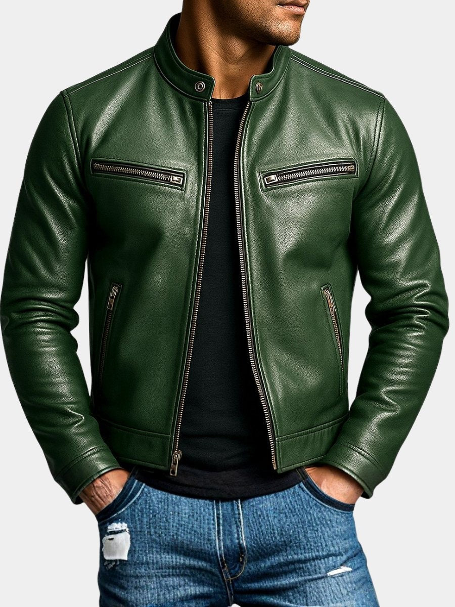 Man wearing green faux leather biker jacket with silver zip detailing