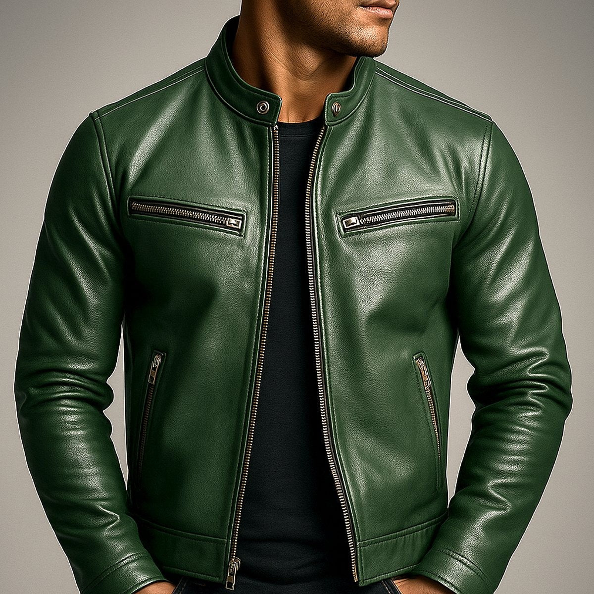 Close-up of green leather moto jacket showing zipped chest pockets