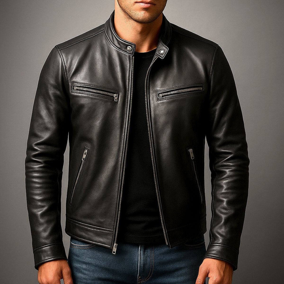 Black faux leather biker jacket worn with stand collar and front zip