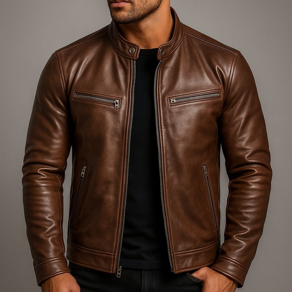 Brown leather biker jacket styled with black t-shirt, front zip open