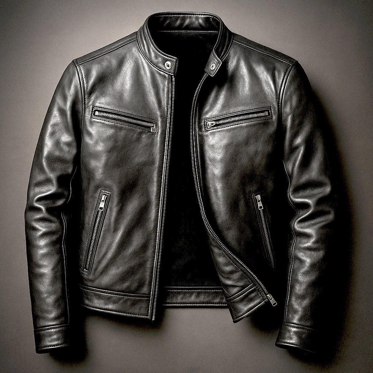 Black slim-fit leather biker jacket with zip pockets, laid flat view
