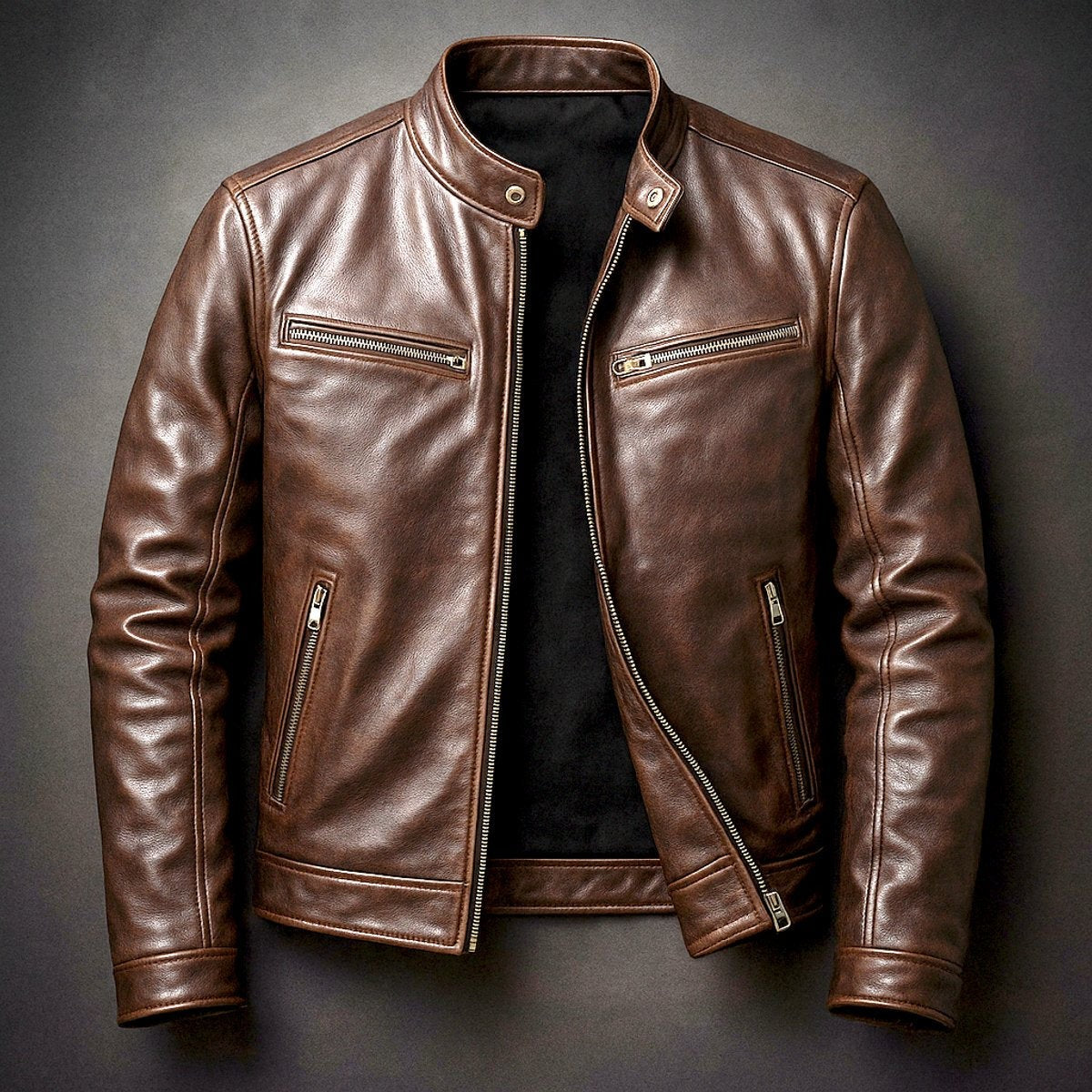 Brown faux leather moto jacket with stand collar, laid flat on display