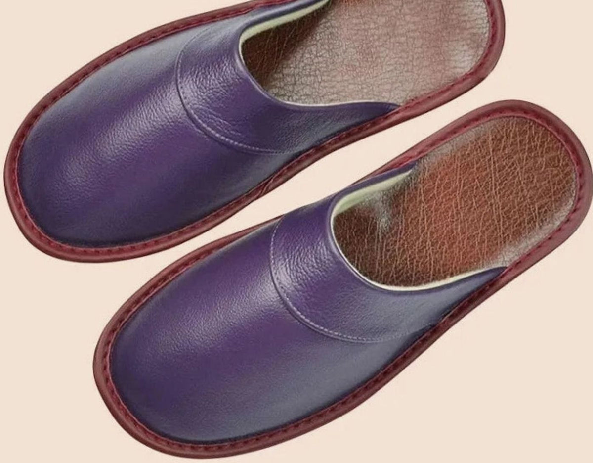 Purple leather closed-toe mules with contrasting red edging