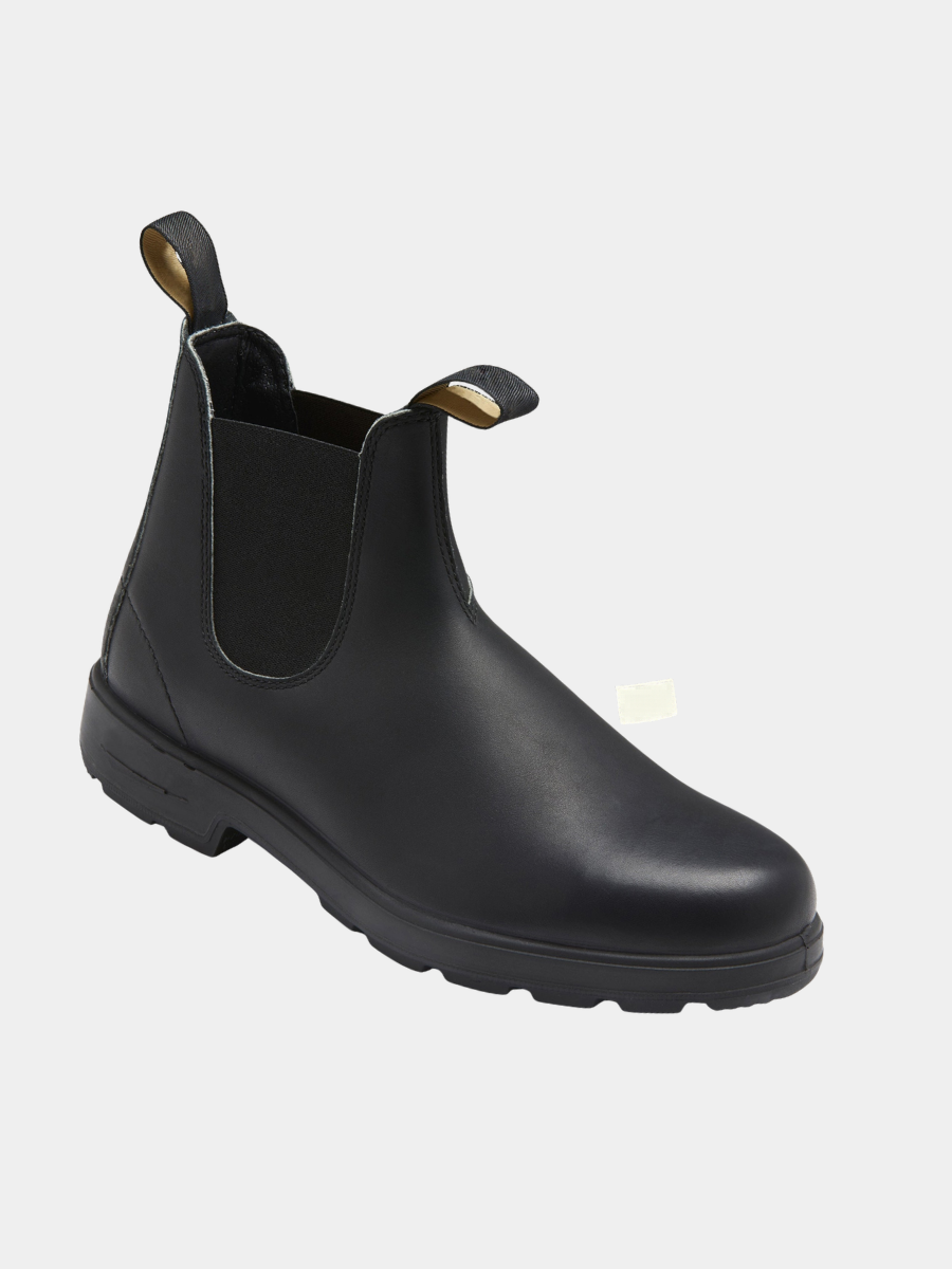 Black leather Chelsea boot with elastic side panel and pull tabs