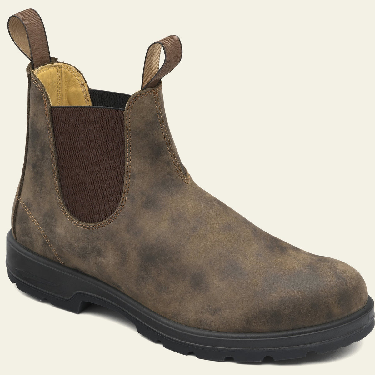 Rustic brown leather Chelsea boot with distressed finish and elastic gusset