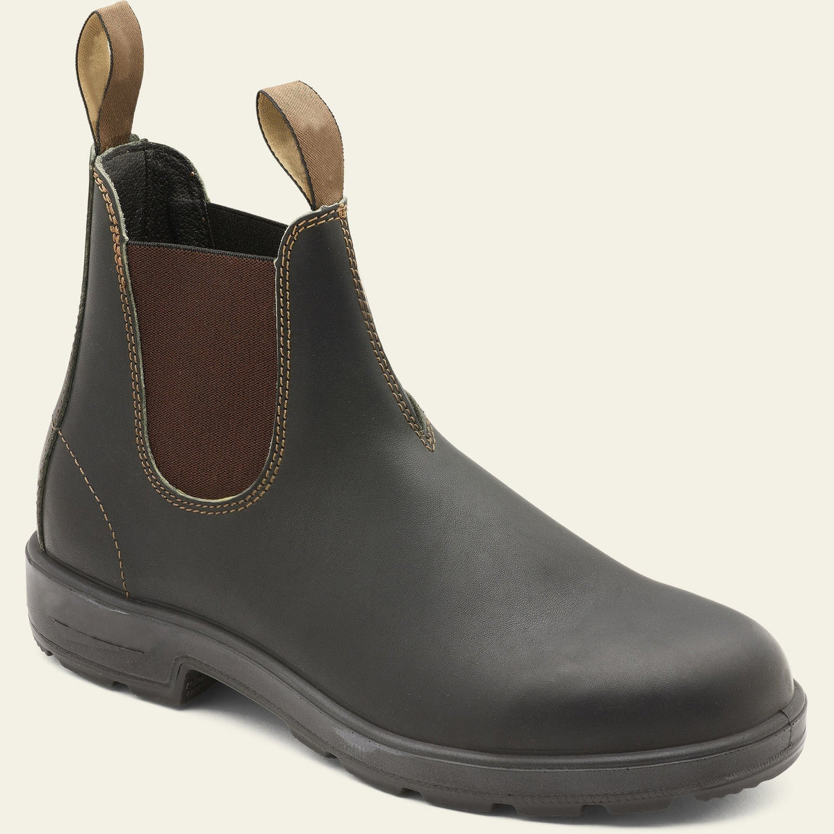 Dark brown leather Chelsea boot with contrast stitching and pull tabs