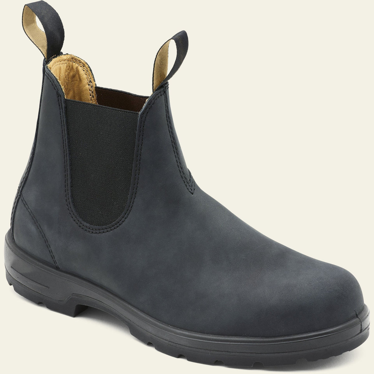 Black nubuck leather Chelsea boot with tan pull loops and rugged sole