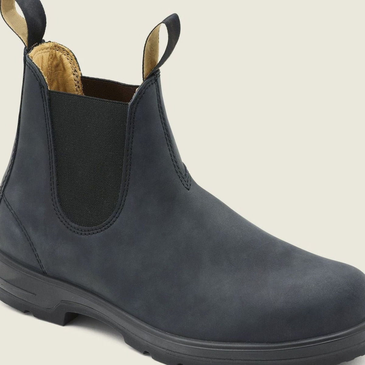 Navy leather Chelsea boot with elastic side panel and rugged sole