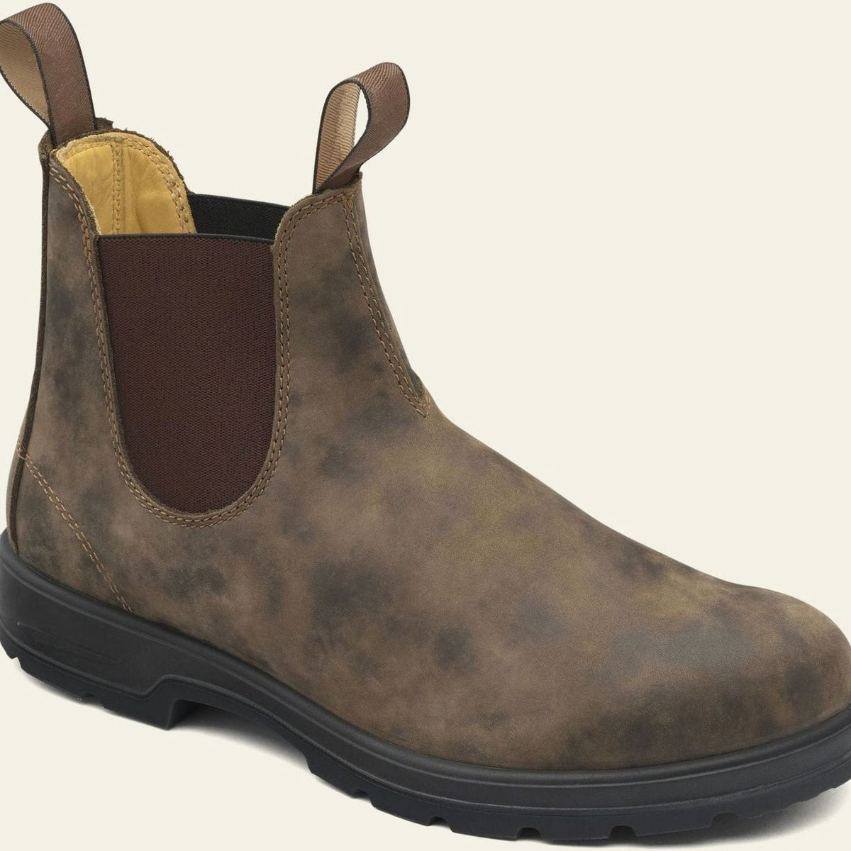 Rustic brown leather Chelsea boot with pull tabs and chunky sole