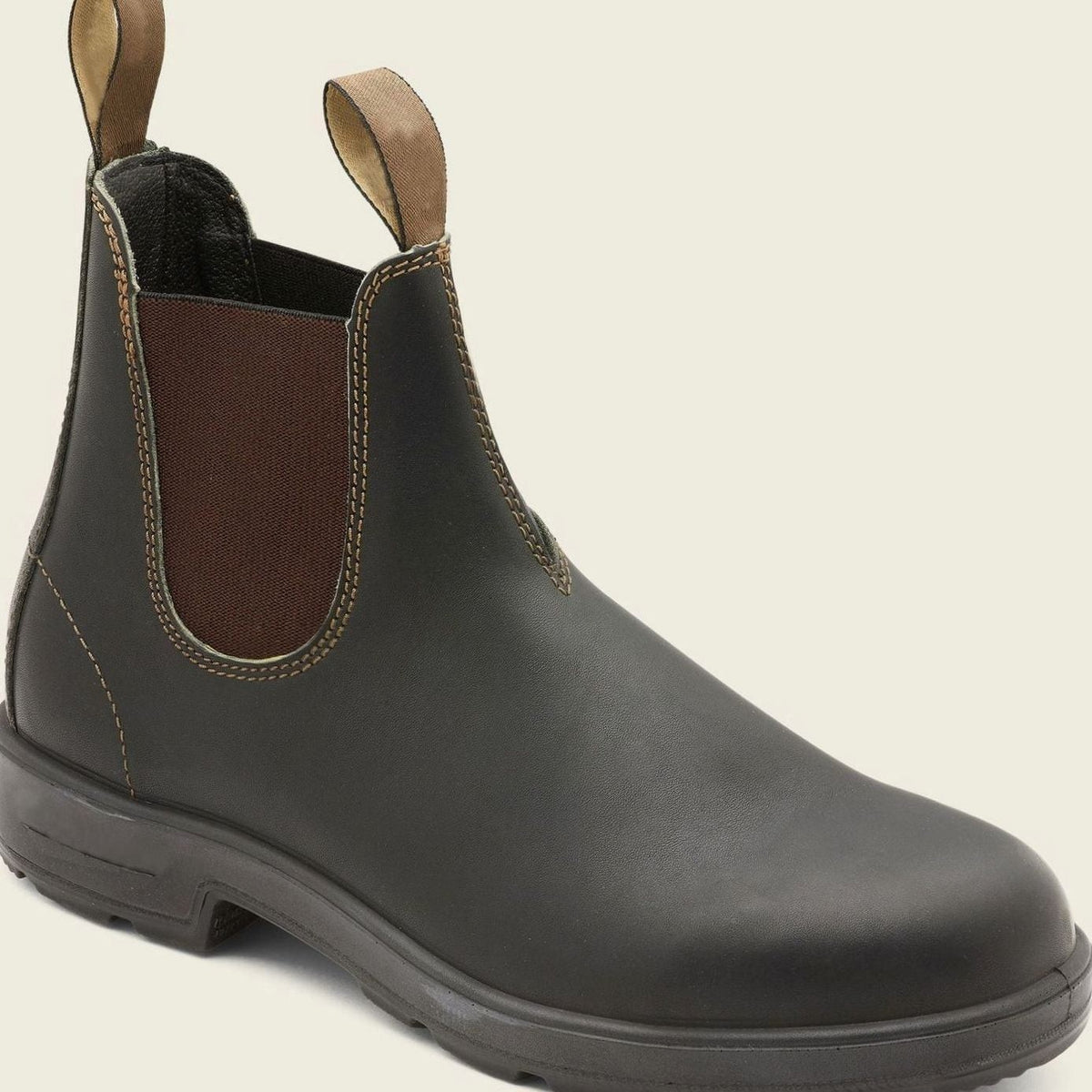 Dark brown leather Chelsea boot with elastic gusset and sturdy sole