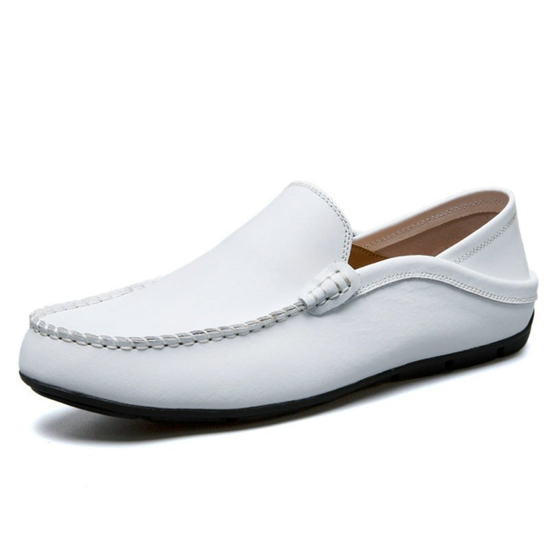 White leather slip-on loafer with contrast stitching and moc toe