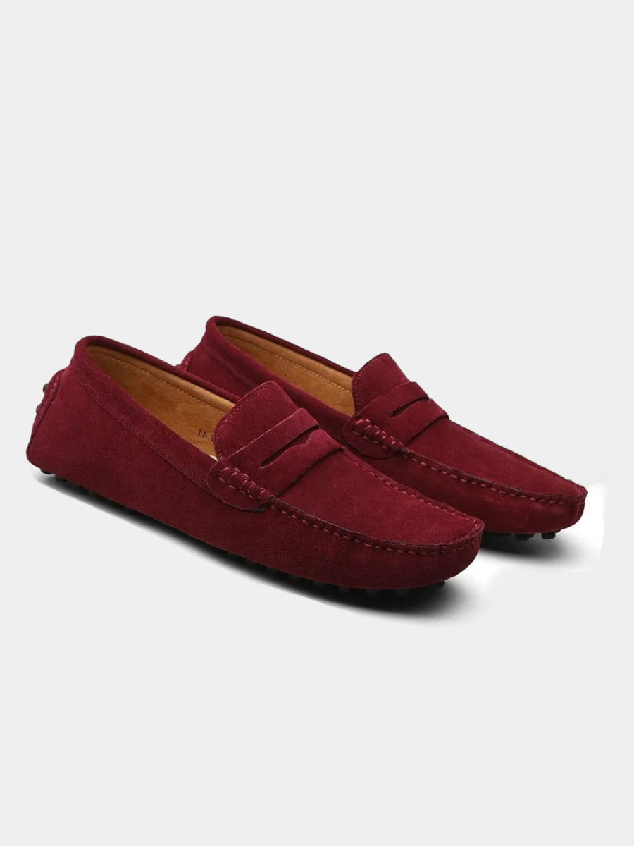 Burgundy suede driving loafers with penny strap and pebbled rubber sole