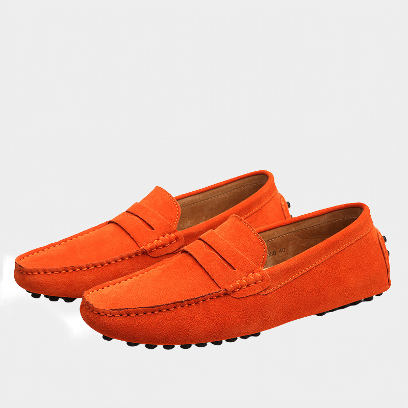 Bright orange suede driving shoes with classic penny loafer styling