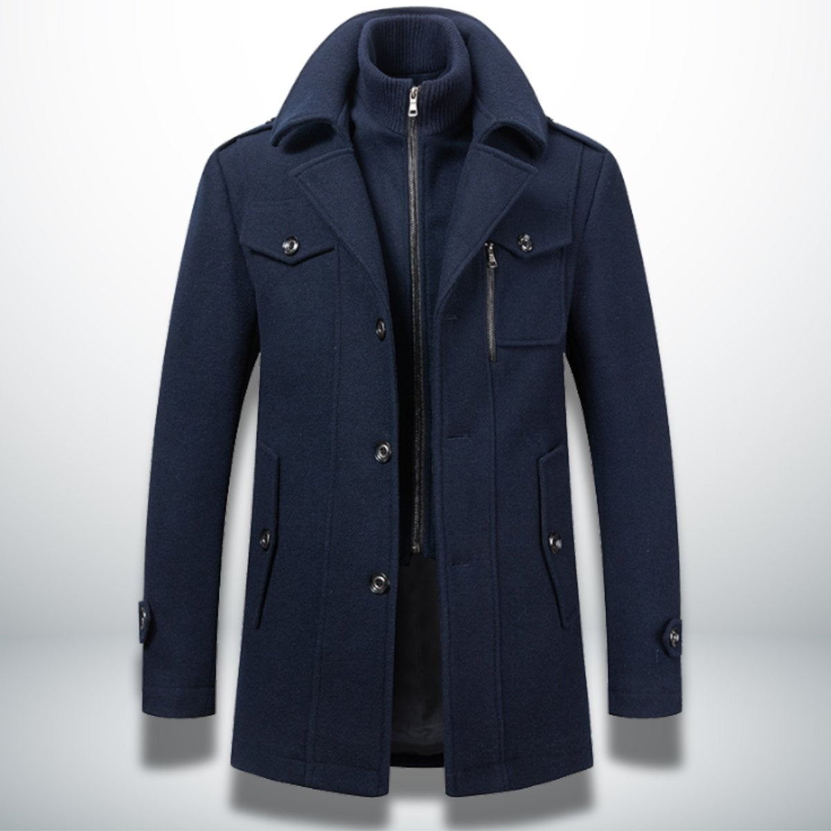 Navy wool-blend overcoat with knitted zip collar and button-front closure