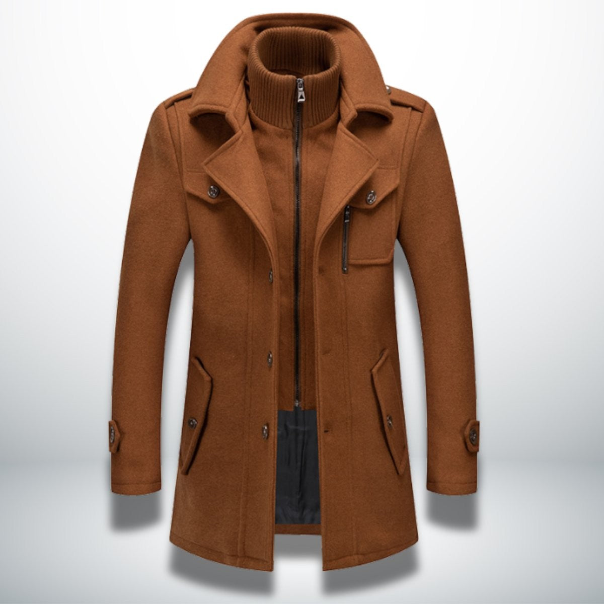 Rust brown wool-blend overcoat featuring layered knitted zip collar