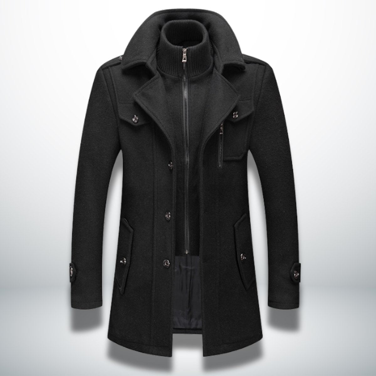 Black wool-blend overcoat with stand collar and buttoned chest pocket