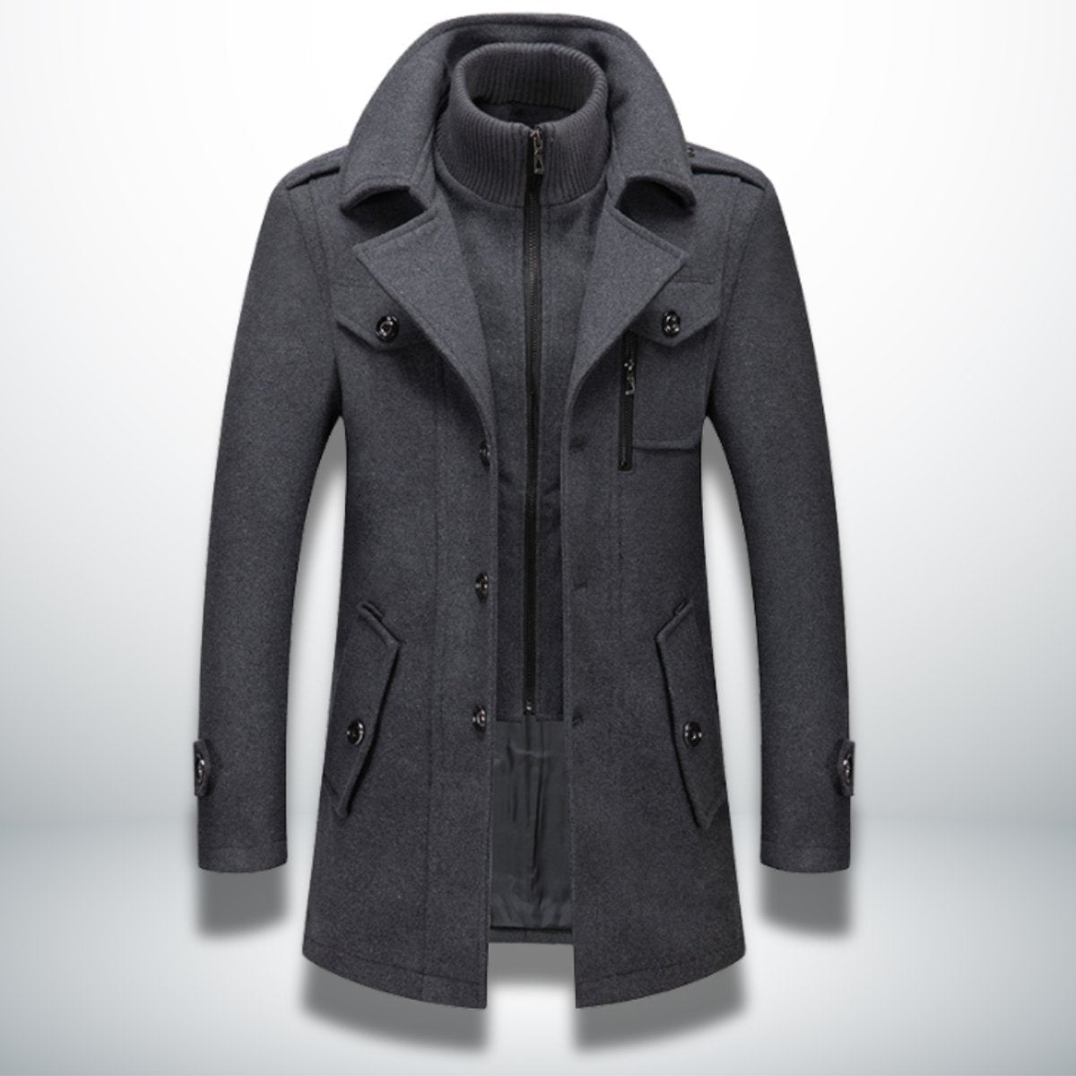 Charcoal grey wool-blend overcoat with knitted inner zip-up collar