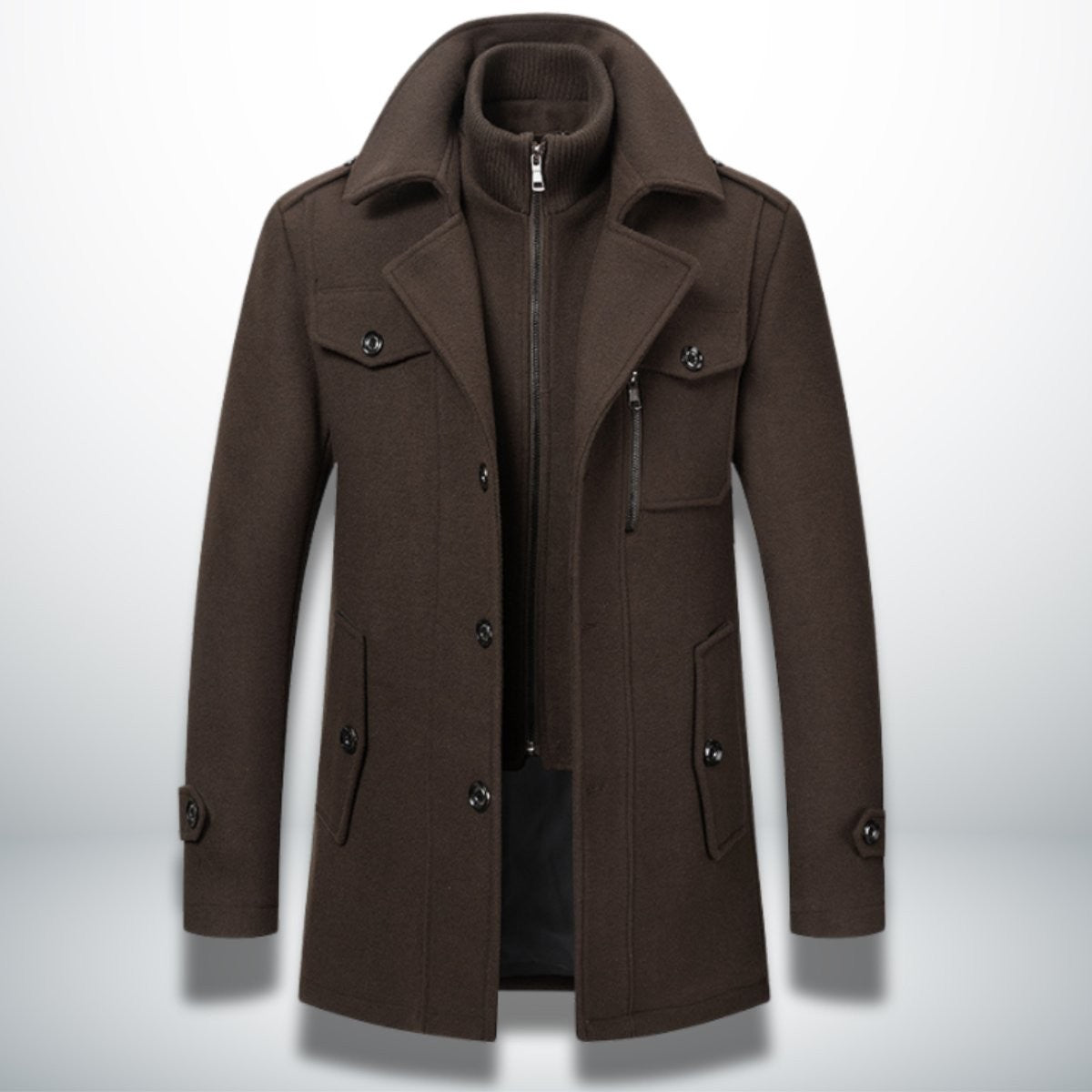 Dark brown wool-blend overcoat showing button-front and flap pockets