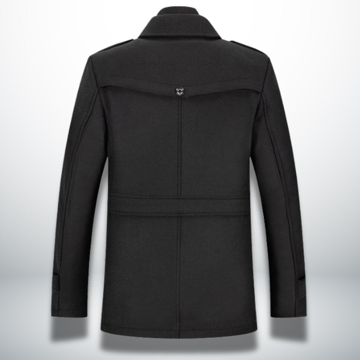 Back view of black wool-blend overcoat highlighting tailored seam detailing