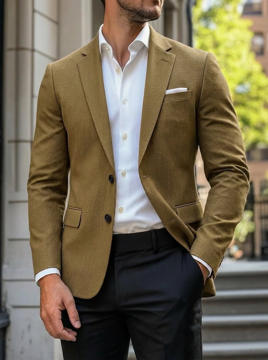 Tan textured blazer worn with white shirt and black trousers, smart-casual look