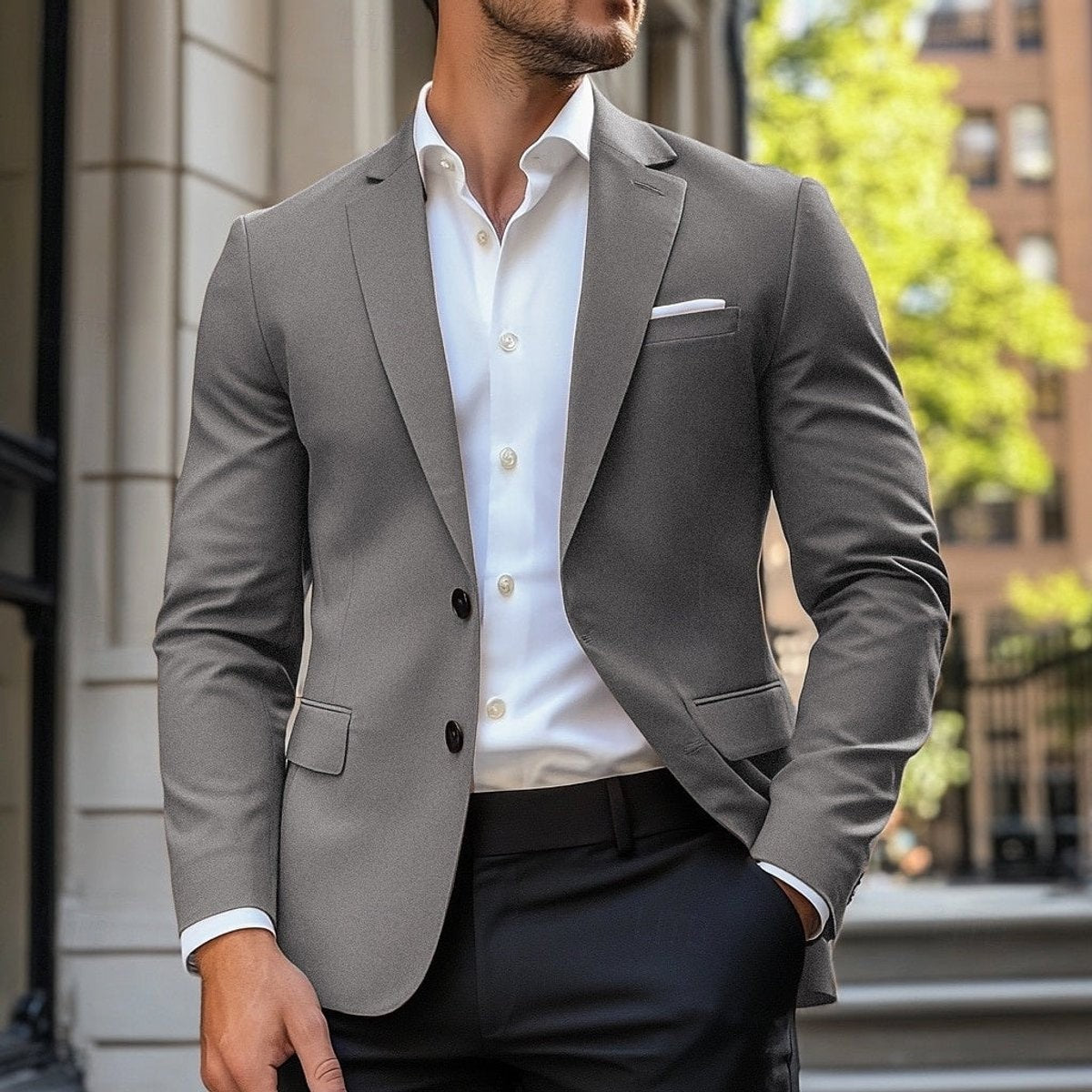 Grey slim-fit blazer jacket styled with crisp white shirt and dark trousers