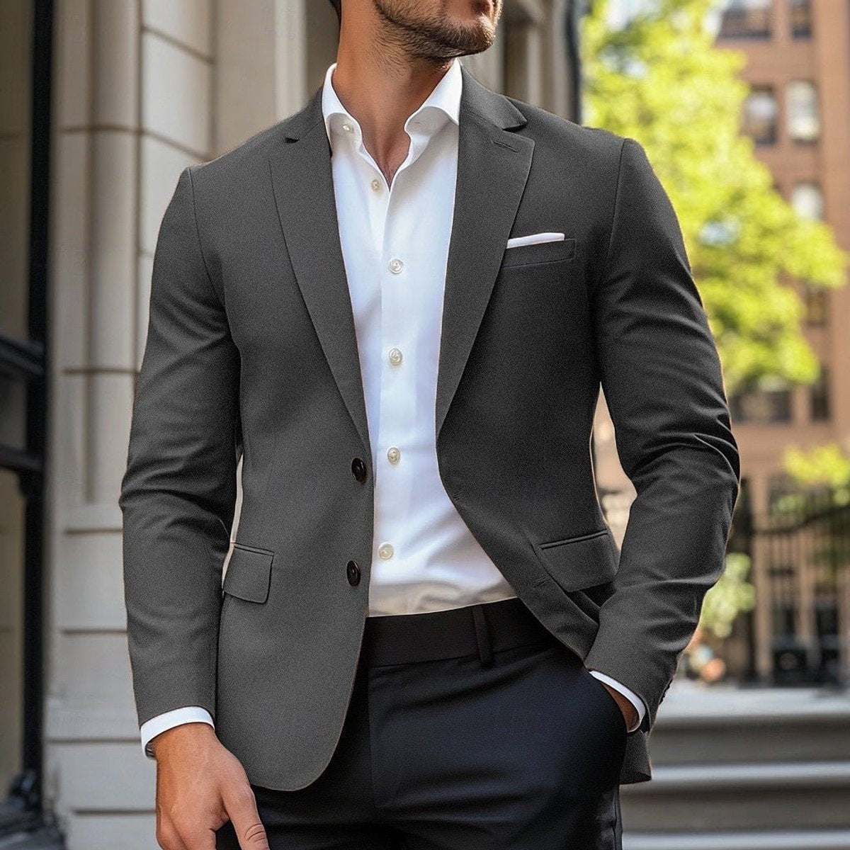 Charcoal smart-casual blazer worn open over white shirt, standard fit