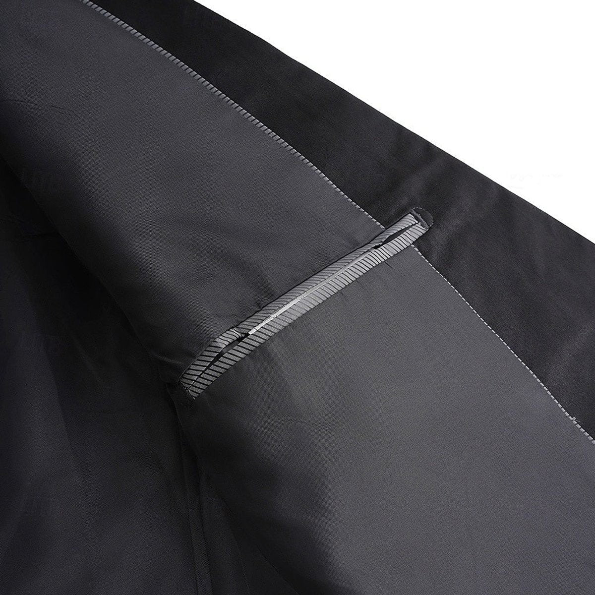 Inside pocket detail on charcoal blazer lining with ribbed trim