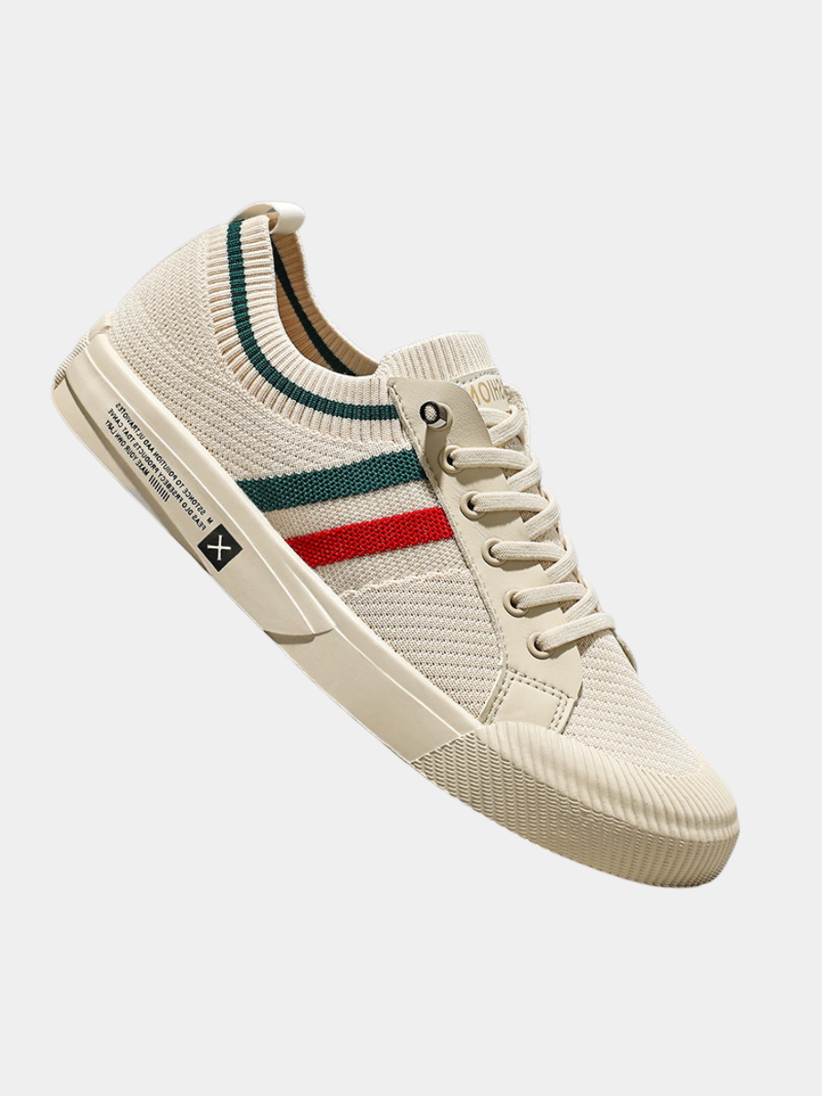Cream knitted lace-up trainer with green and red racing stripe detail