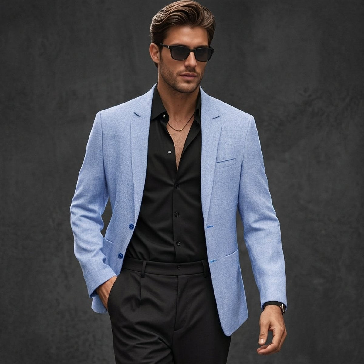 Model in sky blue linen blend suit blazer paired with black shirt and trousers