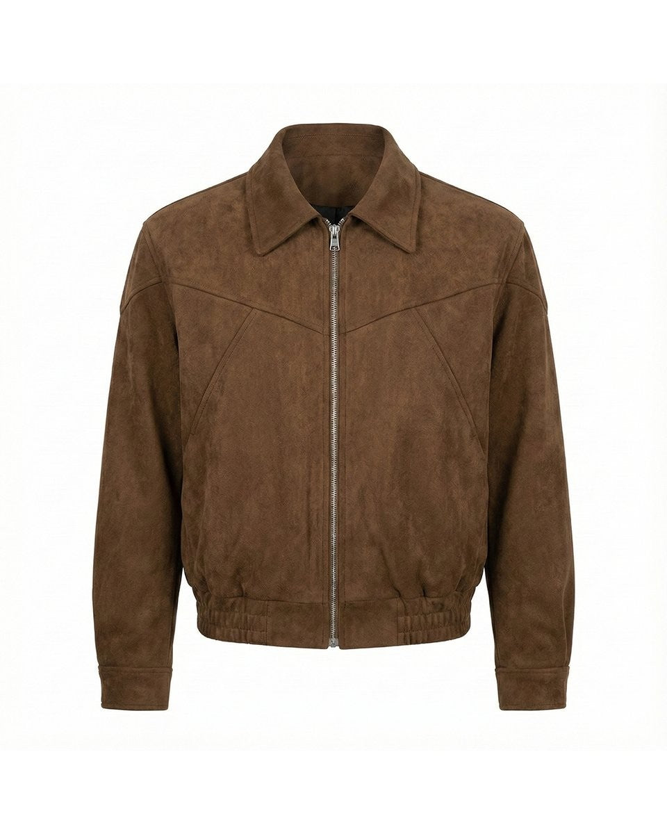 Brown suede zip-up bomber jacket displayed flat against white background