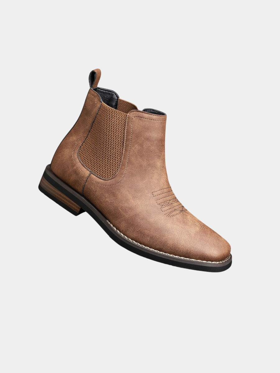 Tan leather Chelsea boot with elasticated side panel and stitched detailing