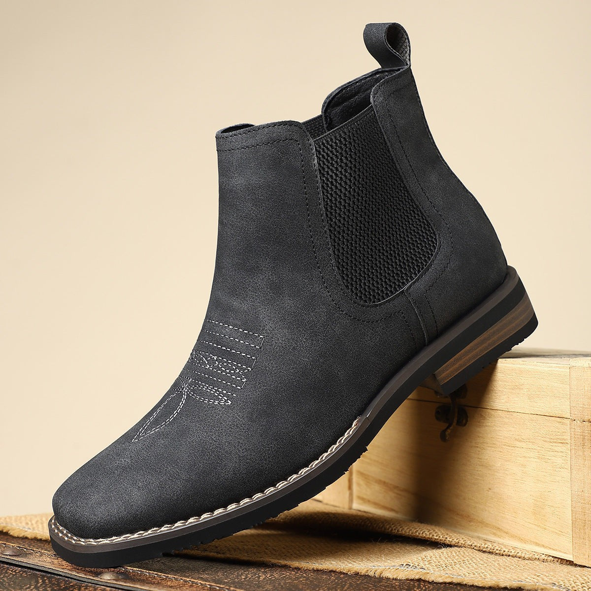 Charcoal grey suede-effect Chelsea boot with textured elastic gusset