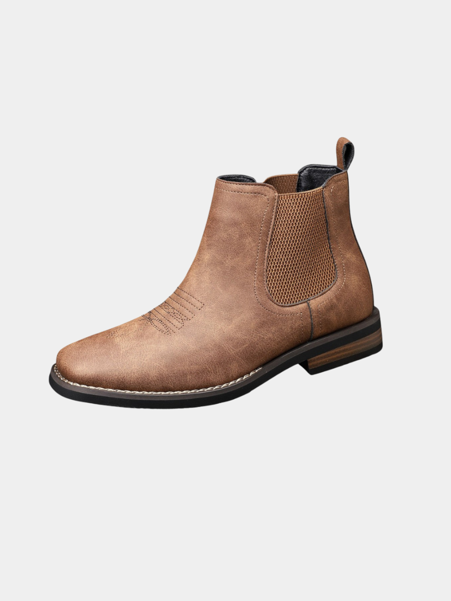 Tan leather Chelsea boot with stacked heel and pull tab