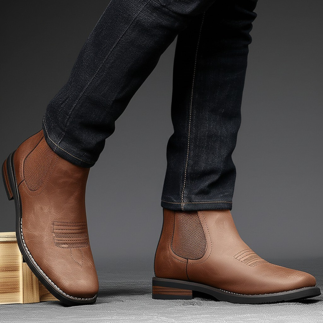 Man walking in brown leather Chelsea boots with denim trousers