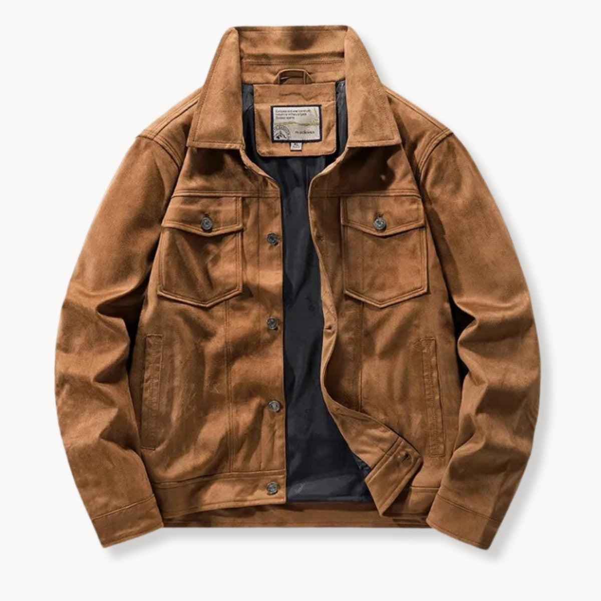 Tan suede-finish trucker jacket with stand collar and button-flap chest pockets