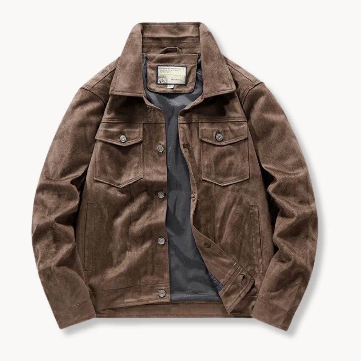 Brown suede trucker jacket featuring stand collar and dual chest pockets
